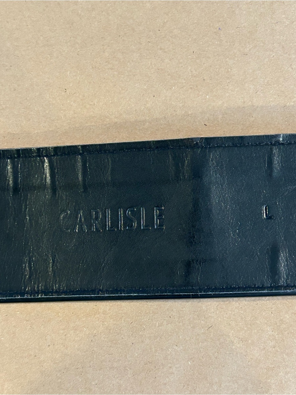 Carlisle Wide Black Patent Leather Cork Inset Belt with Gold Hardware Sz L. EUC - Picture 2 of 7